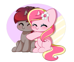 Size: 3793x3182 | Tagged: safe, artist:kittyrosie, imported from derpibooru, oc, oc only, oc:rosa flame, pony, duo, eyes closed, flower, flower in hair, hug, simple background, transparent background