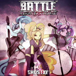 Size: 1621x1624 | Tagged: safe, artist:foxinshadow, imported from derpibooru, adagio dazzle, aria blaze, sonata dusk, anthro, equestria girls, rainbow rocks, 2015, album cover, commission, drum kit, drums, electric guitar, grin, guitar, microphone, microphone stand, musical instrument, old art, smiling