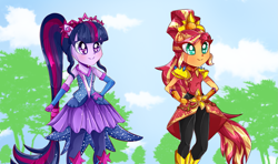 Size: 2263x1339 | Tagged: safe, artist:vixelzf, imported from derpibooru, sci-twi, sunset shimmer, twilight sparkle, equestria girls, legend of everfree, boots, clothes, colored pupils, commission, crystal guardian, duo, female, high heel boots, ponied up, shoes