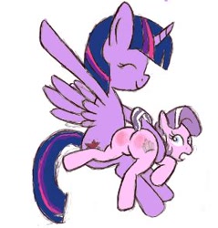 Size: 281x294 | Tagged: safe, artist:rusticanon, imported from derpibooru, diamond tiara, twilight sparkle, alicorn, earth pony, pony, discipline, duo, eyes closed, featureless crotch, female, filly, foal, mare, open mouth, over the knee, punishment, reddened butt, simple background, smiling, spank mark, spanking, surprised, twilight sparkle (alicorn), white background