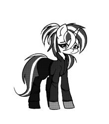 Size: 1878x2130 | Tagged: safe, artist:menalia, imported from derpibooru, oc, oc only, oc:freezy coldres, pony, unicorn, belt, clothes, female, gloves, horn, manga, manga style, mare, pants, ponytail, sad, screentone, shirt, shoes, simple background, solo, white background