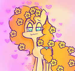 Size: 550x520 | Tagged: safe, artist:angellafluff, imported from derpibooru, pear butter, earth pony, pony, dazed, female, floating heart, flower, flower in hair, heart, lidded eyes, mare, solo