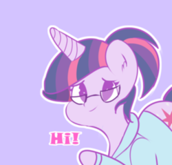 Size: 1700x1624 | Tagged: safe, artist:angellafluff, imported from derpibooru, twilight sparkle, pony, clothes, female, glasses, hi, mare, outline, simple background, solo, waving at you