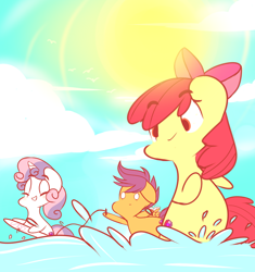 Size: 912x972 | Tagged: safe, artist:angellafluff, imported from derpibooru, apple bloom, scootaloo, sweetie belle, earth pony, pegasus, pony, unicorn, bipedal, cutie mark crusaders, female, filly, foal, grin, smiling, splashing, sun, the cmc's cutie marks, wakeboarding, water