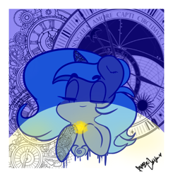 Size: 1170x1194 | Tagged: safe, artist:angellafluff, imported from derpibooru, princess luna, pony, bust, clock, eyes closed, female, light, mare, solo