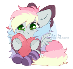 Size: 900x850 | Tagged: safe, artist:avroras_world, imported from derpibooru, oc, oc only, oc:blazey sketch, pegasus, pony, blushing, bow, chibi, clothes, commission, cute, cuteness overload, green eyes, grey fur, hair bow, heart, multicolored hair, simple background, small wings, smiling, socks, solo, striped socks, sweater, wings, ych result