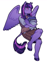 Size: 1280x1708 | Tagged: safe, artist:allegedratmonster, imported from derpibooru, twilight sparkle, anthro, unguligrade anthro, book, clothes, freckles, school uniform, simple background, skirt, solo, white background