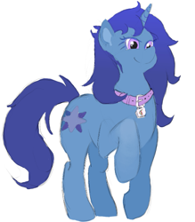 Size: 735x840 | Tagged: safe, artist:bagetnik, imported from derpibooru, oc, oc only, oc:delly, unicorn, collar, commission, female, mare, raised hoof, simple background, smiling, solo, white background