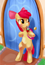 Size: 1401x2022 | Tagged: safe, artist:hieronymuswhite, imported from derpibooru, apple bloom, earth pony, pony, backpack, bipedal, cute, door, female, filly, foal, juice, juice box, looking sideways, mouth hold, solo, standing on two hooves