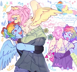 Size: 1376x1289 | Tagged: safe, artist:aj2020ahgd, imported from derpibooru, fluttershy, rainbow dash, anthro, dialogue, duo, female, flutterdash, happy, lesbian, lifting, nervous, one eye closed, shipping, smiling, spread wings, sweat, wings