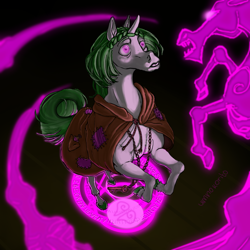 Size: 1080x1080 | Tagged: safe, artist:umnokorito, imported from derpibooru, clover the clever, pony, unicorn, windigo, braid, clip studio paint, clover the clever's cloak, colored hooves, cutie mark eyes, digital art, eyebrows, female, glowing, glowing eyes, green hair, green mane, highlights, hoers, hooves, key, keychain, magic, magic circle, mare, necklace, peasant, pentagram, pink eyes, prophecy, rags, raised hooves, rearing, semi-realistic, short hair, stitches, vision, white coat, wingding eyes