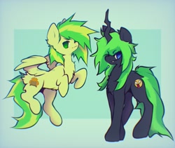 Size: 1623x1371 | Tagged: safe, artist:saberkitty666, imported from derpibooru, oc, oc only, oc:wooden toaster, changeling, pegasus, pony, unicorn, duo, fanart, fangs, green changeling, green hair, green tail, horn, tail, teeth, yellow fur