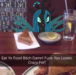 Size: 1125x1107 | Tagged: safe, artist:bloommoonbeam, edit, imported from derpibooru, queen chrysalis, changeling, changeling queen, pony, bread, female, food, lemon, meme, ponified, vulgar, water