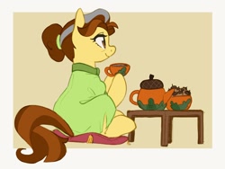 Size: 2048x1536 | Tagged: safe, artist:rirurirue, imported from derpibooru, butternut, earth pony, pony, cup, female, mare, pillow, sitting, solo, table, teacup, teapot