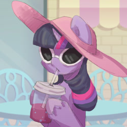 Size: 1024x1024 | Tagged: safe, artist:snowflake_pone, imported from derpibooru, twilight sparkle, pony, unicorn, colored hooves, drink, drinking, female, hat, mare, solo, summer, sunglasses, twilight sparkle (alicorn), unshorn fetlocks