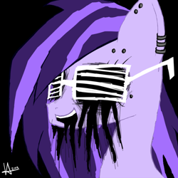 Size: 1000x1000 | Tagged: safe, artist:hackd, imported from derpibooru, oc, oc only, oc:hackd, pony, black background, black sclera, bust, ear piercing, earring, jewelry, piercing, portrait, shutter shades, simple background, smiling, solo, sunglasses, zalgo