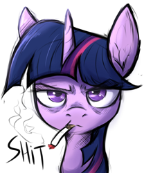 Size: 2000x2400 | Tagged: safe, artist:tatykin, imported from derpibooru, twilight sparkle, pony, cigarette, smoke, smoking, tired, twilight sparkle is not amused, unamused, vulgar