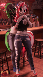 Size: 4320x7680 | Tagged: safe, artist:loveslove, imported from derpibooru, oc, oc only, oc:lovers, oc:toxic star, anthro, bat pony, bat pony unicorn, hybrid, plantigrade anthro, unicorn, 3d, absurd file size, absurd resolution, alcohol, bar, bat ears, bat pony oc, belly button, breasts, busty oc, clothes, denim, duo, duo female, female, high heels, horn, hug, jeans, looking at you, nail polish, pants, shirt, shoes, smiling, smiling at you, sneakers, tail, tattoo, toenail polish