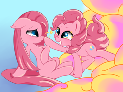 Size: 1600x1200 | Tagged: artist needed, source needed, safe, imported from derpibooru, pinkie pie, earth pony, pony, blue background, boop, cloud, cute, cuteamena, diapinkes, duality, eye contact, female, floppy ears, grin, heart, heart eyes, looking at each other, looking at someone, mare, pinkamena diane pie, reaching, simple background, sitting, smiling, starry eyes, wingding eyes
