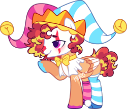 Size: 2602x2242 | Tagged: safe, artist:kurosawakuro, imported from derpibooru, oc, oc only, pegasus, pony, base used, clothes, hat, jester hat, male, offspring, parent:pinkie pie, parent:sunburst, simple background, socks, solo, stallion, striped socks, transparent background