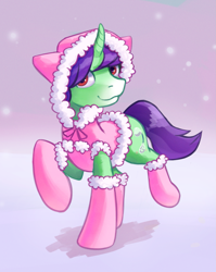 Size: 1369x1718 | Tagged: safe, artist:replacer808, imported from derpibooru, oc, oc only, oc:crescent star, crystal pony, pony, unicorn, clothes, crystal unicorn, happy, hoodie, outfit, sissy, snow, snowflake, socks, solo, winter coat, winter outfit