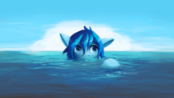 Size: 3000x1687 | Tagged: safe, artist:replacer808, imported from derpibooru, oc, oc only, oc:happy dream, pony, blowing bubbles, cloud, cute, peeking, solo, submerged, water, wet, wet mane