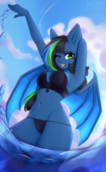 Size: 2470x4000 | Tagged: safe, artist:kutoshi, imported from derpibooru, oc, oc only, anthro, bat pony, bat wings, belly button, bikini, breasts, clothes, female, looking at you, mare, one eye closed, solo, swimsuit, wings, wink, winking at you