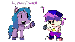 Size: 1381x777 | Tagged: safe, artist:lojo98, imported from derpibooru, izzy moonbow, human, pony, unicorn, boyfriend (friday night funkin), d-side, d-side boyfriend, duo, friday night funkin', funkin' is magic, g5, hi new friend, idea, my little pony: a new generation, simple background, transparent background, what if