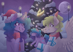 Size: 4960x3507 | Tagged: safe, artist:kikirdcz, imported from derpibooru, izzy moonbow, oc, oc:pixie, pegasus, pony, unicorn, absurd resolution, christmas, christmas tree, clothes, g5, golden snitch, hat, holiday, mare in the moon, moon, plushie, present, santa hat, scarf, self plushidox, snow, streetlight, tree