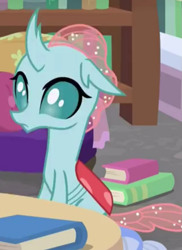 Size: 609x838 | Tagged: safe, imported from derpibooru, screencap, ocellus, changedling, changeling, what lies beneath, book, bookshelf, cropped, female, solo