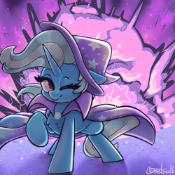 Size: 1171x1165 | Tagged: safe, alternate version, artist:llametsul, imported from derpibooru, trixie, pony, unicorn, atg 2022, cape, chest fluff, clothes, cool guys don't look at explosions, cute, diatrixes, explosion, female, hat, looking at you, mare, newbie artist training grounds, one eye closed, signature, smiling, smiling at you, solo, trixie's cape, trixie's hat, wink, winking at you