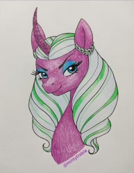 Size: 1249x1620 | Tagged: safe, artist:mintytreble, imported from derpibooru, opaline arcana, alicorn, pony, spoiler:g5, spoiler:my little pony: make your mark, bust, eyebrows, eyeshadow, female, g5, looking at you, makeup, mare, my little pony: make your mark, signature, smiling, smiling at you, smirk, solo, traditional art, white hair