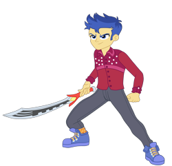 Size: 2919x2819 | Tagged: safe, artist:gmaplay, imported from derpibooru, flash sentry, human, cheer you on, equestria girls, spoiler:eqg series (season 2), blue sneakers, kamen rider, shoes, simple background, sneakers, solo, sword, transparent background, weapon