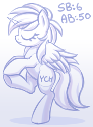 Size: 1827x2500 | Tagged: safe, artist:kannakiller, imported from derpibooru, pony, commission, digital art, eyes closed, horn, sketch, solo, wings, ych sketch, your character here