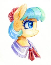 Size: 606x770 | Tagged: safe, artist:maytee, imported from derpibooru, coco pommel, earth pony, pony, bust, cocobetes, cute, portrait, profile, simple background, smiling, solo, traditional art, white background