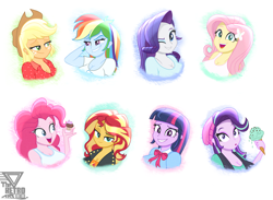 Size: 3000x2200 | Tagged: safe, artist:theretroart88, imported from derpibooru, applejack, fluttershy, pinkie pie, rainbow dash, rarity, starlight glimmer, sunset shimmer, twilight sparkle, human, equestria girls, equestria girls series, mirror magic, spoiler:eqg specials, applejack's hat, beanie, big breasts, bowtie, breasts, busty applejack, busty fluttershy, busty pinkie pie, busty rainbow dash, busty rarity, busty starlight glimmer, busty sunset shimmer, busty twilight sparkle, cleavage, clothes, cowboy hat, cupcake, female, food, hairclip, hat, high res, holding, humane five, humane seven, humane six, ice cream, lip bite, looking at each other, looking at someone, looking at you, one eye closed, open mouth, open smile, raised eyebrow, shirt, simple background, smiling, smiling at each other, smiling at you, t-shirt, tanktop, that human sure does love ice cream, wall of tags, white background, wink, winking at you