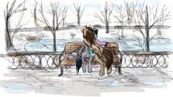 Size: 1920x1080 | Tagged: safe, artist:velvetrwings, imported from derpibooru, oc, oc only, earth pony, pegasus, pony, bench, book, clothes, hug, lake, scarf, tree, water, winter