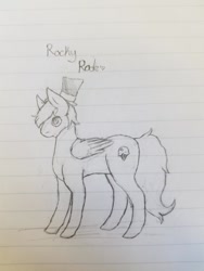 Size: 508x677 | Tagged: safe, artist:snoodle, imported from derpibooru, oc, oc only, oc:rockyroadic, pegasus, pony, cute, hat, lined paper, solo, top hat, traditional art