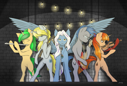 Size: 3200x2160 | Tagged: safe, artist:maneingreen, imported from derpibooru, oc, oc only, oc:soul strings, oc:sunset songbird, oc:sytira wave, earth pony, pegasus, pony, unicorn, band, bipedal, cropped, electric guitar, flute, guitar, microphone, musical instrument, spread wings, violin, wings
