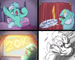 Size: 4408x3512 | Tagged: safe, artist:witchtaunter, imported from derpibooru, lyra heartstrings, pony, unicorn, bed, celebration, chest fluff, comic, curtains, cute, ear fluff, faic, female, floppy ears, funny, glowing, glowing horn, high res, horn, l.u.l.s., magic, mare, milestone, screaming, solo, speech bubble, squint, stretching, telekinesis, waking up, yawn, yelling
