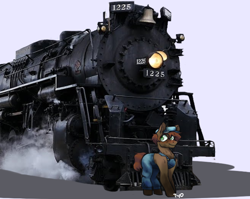 Size: 964x769 | Tagged: safe, artist:tyotheartist1, imported from derpibooru, oc, oc:smokebox soot, earth pony, pony, clothes, gift art, locomotive, overalls, railroad, steam, steam locomotive, the polar express, train, vehicle