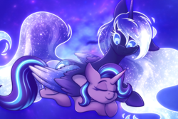 Size: 3000x2000 | Tagged: safe, artist:shad0w-galaxy, imported from derpibooru, princess luna, starlight glimmer, alicorn, pony, unicorn, alternate design, cuddling, cute, duo, ethereal mane, ethereal tail, eyes closed, female, glowing, glowing eyes, high res, hug, lesbian, lunabetes, mare, shipping, sleeping, smiling, space, starluna, starry background, starry eyes, starry mane, starry wings, tail, wingding eyes, winghug, wings