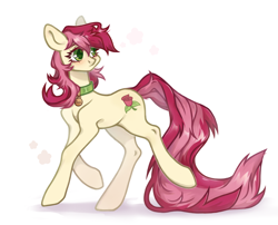 Size: 2100x1700 | Tagged: safe, artist:rustya, imported from derpibooru, roseluck, pony, collar, commission, commissioner:doom9454, cute, long tail, pet tag, pony pet, rosepet, simple background, solo, tail, white background