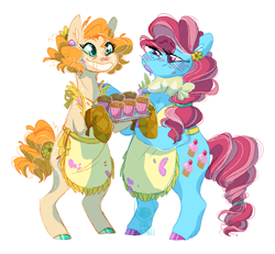 Size: 1300x1200 | Tagged: safe, artist:eqq_scremble, derpibooru exclusive, imported from derpibooru, cup cake, pear butter, earth pony, pony, alternate universe, apron, bipedal, blushing, buttercake, chiffon swirl, clothes, cupcake, duo, ear piercing, earring, female, flower, flower in hair, food, hair tie, jewelry, lesbian, messy, older, oven mitts, piercing, shipping, short hair, simple background, smiling, white background