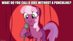 Size: 800x450 | Tagged: safe, editor:professorventurer, imported from derpibooru, cheerilee, pony, caption, image macro, joke, meme, solo, stand-up comedy, text