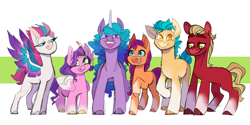 Size: 1500x750 | Tagged: safe, artist:eqq_scremble, derpibooru exclusive, imported from derpibooru, hitch trailblazer, izzy moonbow, pipp petals, sprout cloverleaf, sunny starscout, zipp storm, earth pony, pegasus, pony, unicorn, spoiler:g5, blaze (coat marking), coat markings, colored hooves, colored pinnae, facial markings, female, g5, gold hooves, hooves, looking at you, male, mane five (g5), mare, new mane six (g5), open mouth, open smile, pipp is short, raised hoof, simple background, smiling, smiling at you, snip (coat marking), socks (coat markings), spread wings, stallion, standing, wings