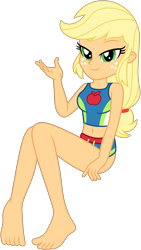 Size: 4189x7425 | Tagged: safe, artist:emeraldblast63, imported from derpibooru, applejack, human, equestria girls, applejack's beach shorts swimsuit, barefoot, beach shorts swimsuit, bedroom eyes, belly button, breasts, clothes, feet, female, looking at you, midriff, sexy, simple background, solo, stupid sexy applejack, swimsuit, transparent background