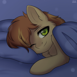 Size: 960x960 | Tagged: safe, artist:alunedoodle, imported from derpibooru, braeburn, earth pony, pony, bed, bed hair, commission, looking at you, male, missing accessory, smiling, solo, stallion, two toned mane, ych result