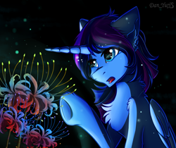 Size: 1889x1583 | Tagged: safe, artist:yuris, imported from derpibooru, blossom, oc, oc only, alicorn, pony, black background, blue skin, chest fluff, commission, male, open mouth, simple background, solo, ych result