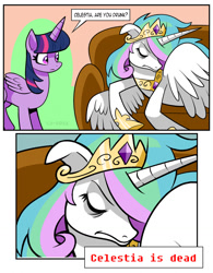 Size: 996x1280 | Tagged: safe, artist:curtsibling, imported from derpibooru, princess celestia, twilight sparkle, alicorn, pony, caption, close-up, comic, couch, current events, dead, dialogue, dishevelled, eyes closed, floppy ears, homer is dead, lying down, on side, simple background, speech bubble, spread wings, text, the simpsons, twilight sparkle (alicorn), wings